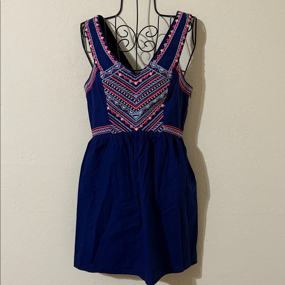 American Eagle Outfitters Blue and Pink Embroidered Mini Dress
